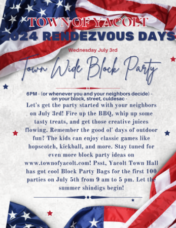 red white and blue flag flyer for block parties July 3 2024