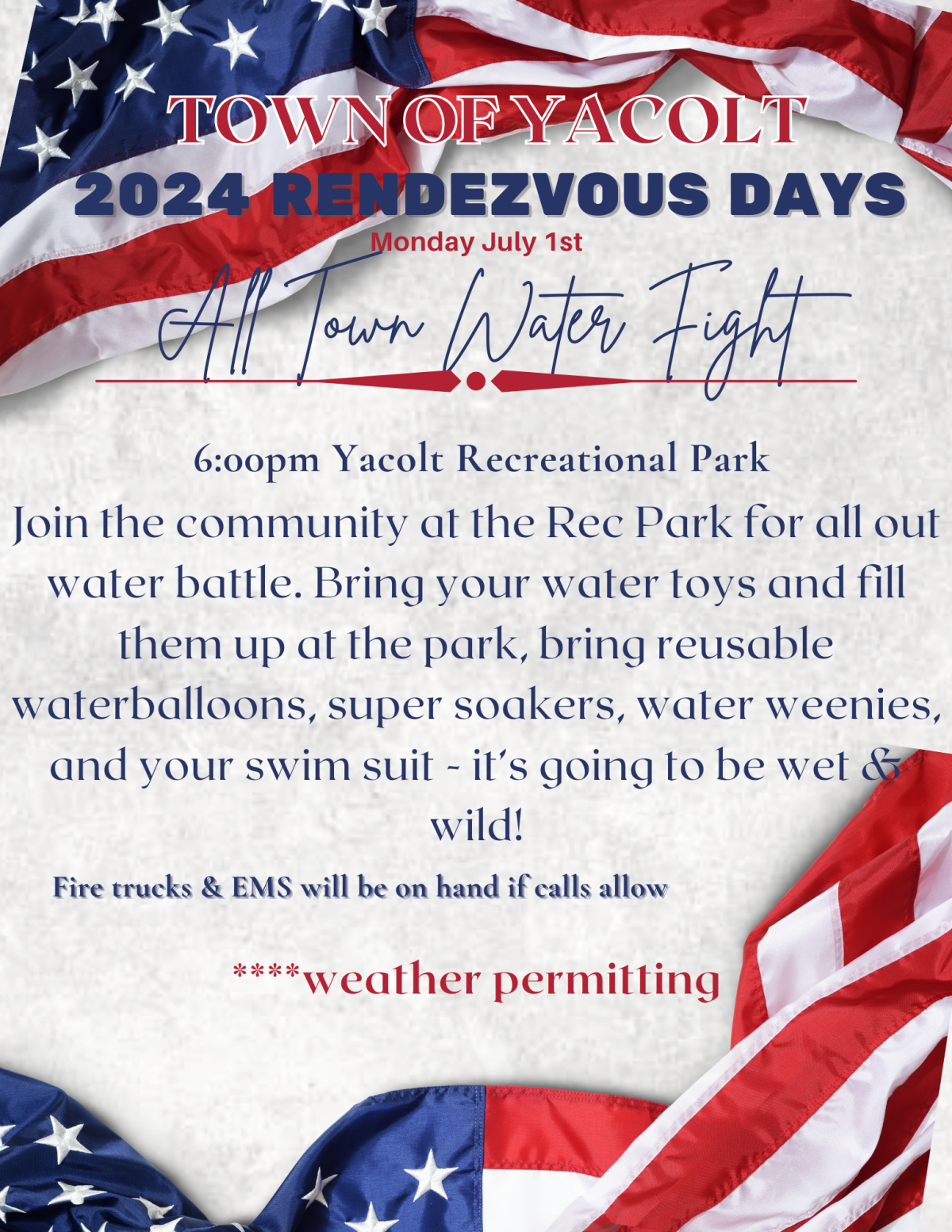 Red White and Blue Flag flyer for water fight July 1