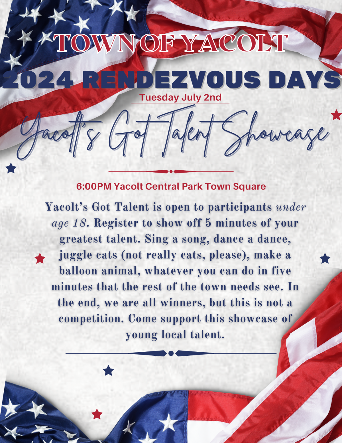 Red white and blue Yacolt's Got Talent Flyer 2024